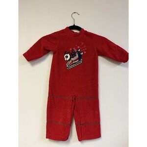 Little Legend Vintage Snap Romper Red Fleece  Velour‎ Appliqued Dog  w/Sledge